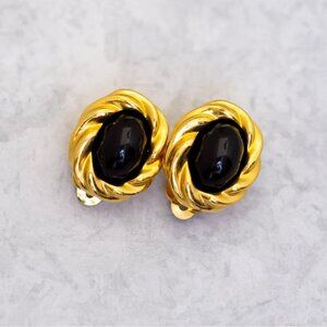 Vintage Round Black Bead Gold Tone Spiral Clip On Earrings by KJL For Avon - C12